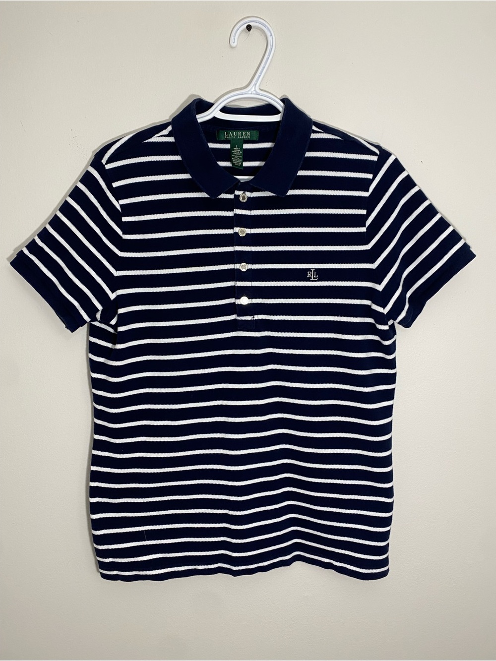 Lauren Ralph Lauren Navy and White Striped Button-Down Polo Large